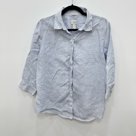 Chico’s NO-IRON Linen Striped Casual button down blue white stripe ladies blouse - Picture 1 of 5